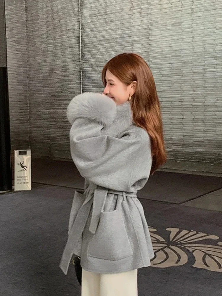 جديد الخريف الشتاء ملابس النساء سميكة الدافئة الفراء الكفة الكشمير معطف الصوف الإناث موضة ريال فوكس الفراء طوق سترة صوفية