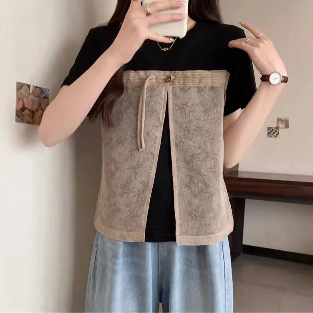 Large Women\'s White Tops Summer New Chinese Style Pan Button Tees Fashion Mesh Spliced Round Neck T-shirt Female Trend M-4XL