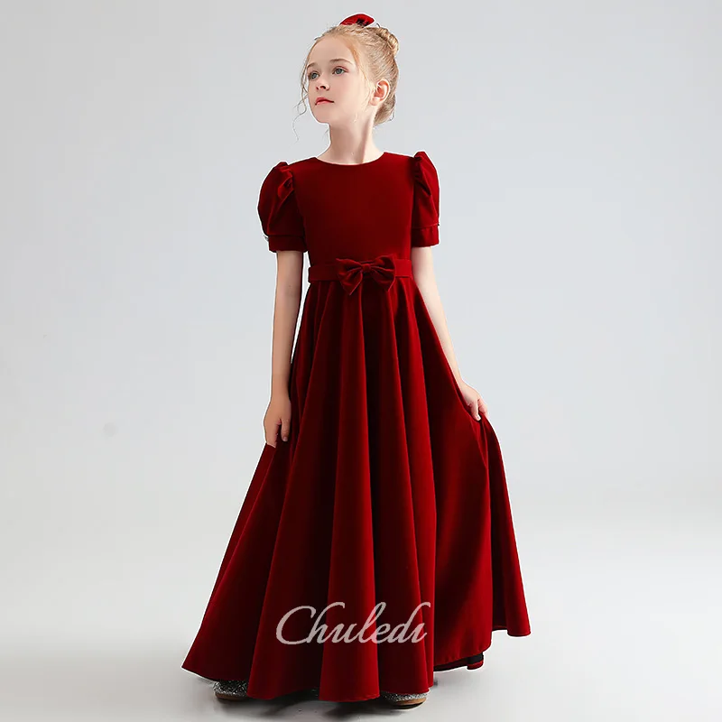 Girls dress velvet puff sleeve round neck floor-length belt bow birthday princess dress