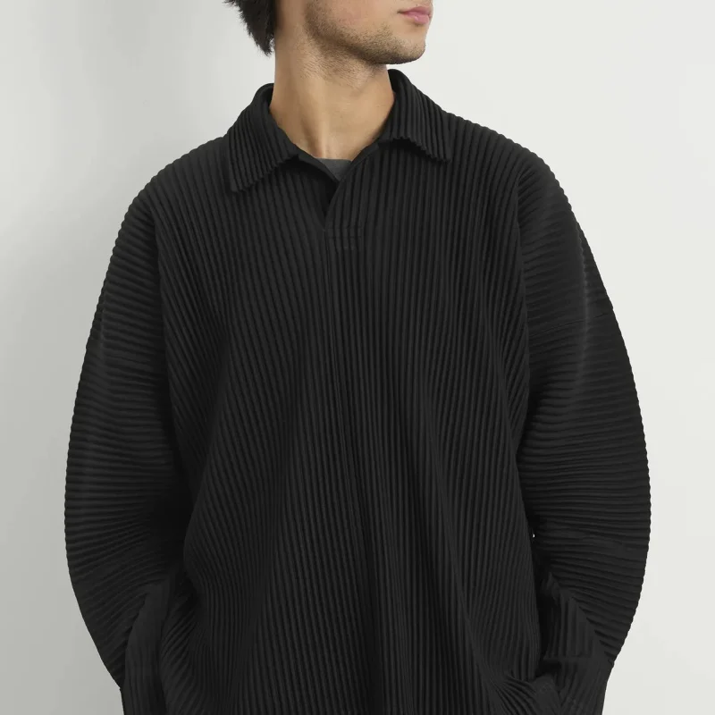 Miyake Plisse Pleated Men's Long Sleeve Polo Shirt Japanese Style Loose Fit Lapel Stretch Casual
