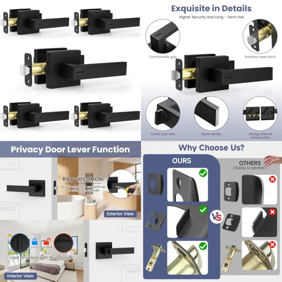 

Pack Matte Black Door Handles Interior Door Knobs, Keyless Bedroom Door Lock, Heavy Duty Zinc Alloy Home Improvement Door Lever