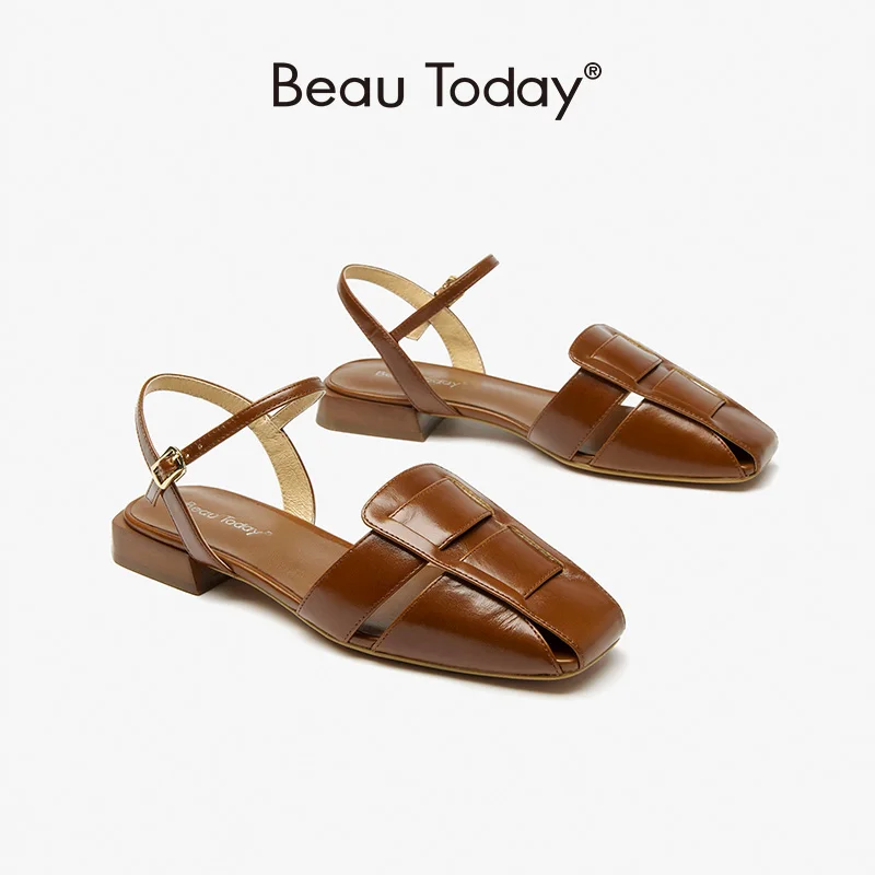 BeauToday Elegent Sandals Women Genuine Cow Leather Square Toe Hollow-out Design Buckle Ankle Strap Ladies Flats Handmade 32363