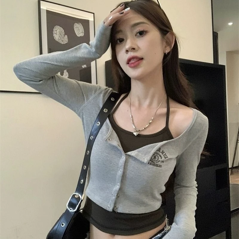 Women Korean Ins Style Pure Y2K Hot Girl Halter Long Sleeve T-shirt Spring Autumn New Slim Fit Shoulder Fake Two Piece Tops