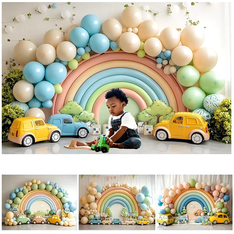 

LS Green Gold Rainbows Car Backdrops Kids Baby Cake Smash Photocall Decors Child Adult Photocall Birthday Photo Background