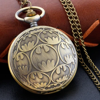 Nietoperz 3D rzeźbione logo bohatera Steampunk kwarcowy zegarek kieszonkowy brązowy Vintage łańcuszek Fob naszyjnik męski prezent na festiwal dla dzieci