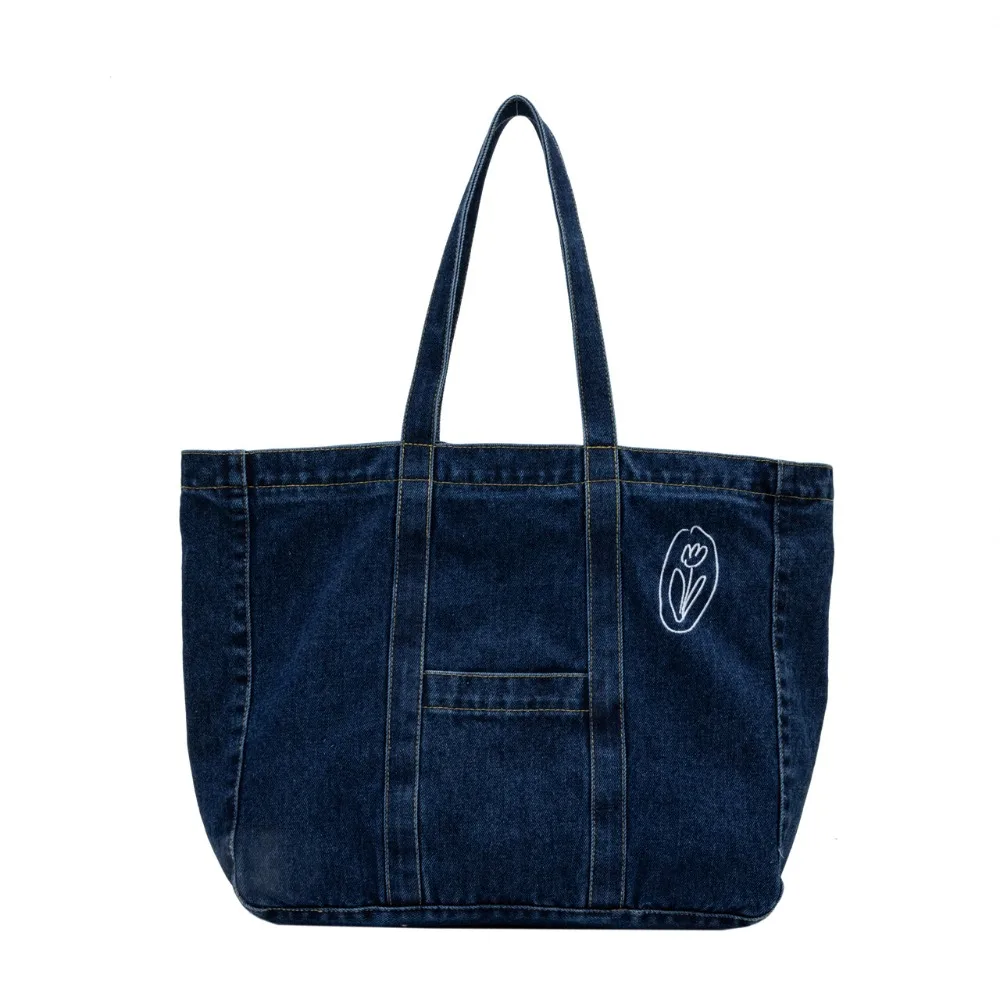 

Cute Korean Style Denim Tote Bag Solid Color Tote Bag Large Capacity Handbag PU Leather Large Capacity Underarm Packs Women