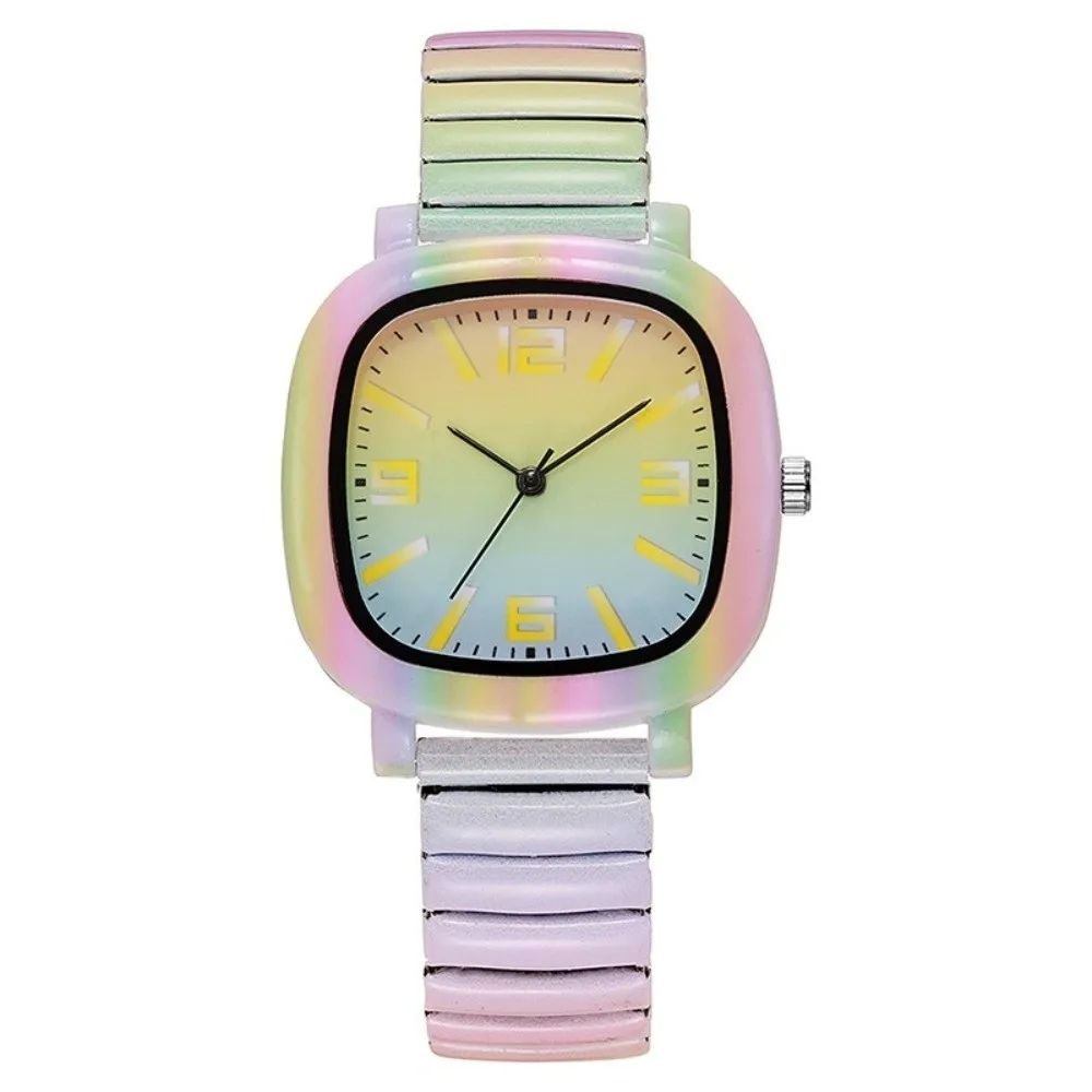 Stainless Steel Quartz Bracelet Watch Elastic Rainbow Gradient Square Wristwatch Colorful Floral Printed Stretch Strap Watch
