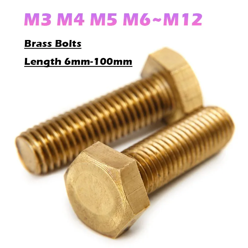 Brass Hex Screws M3 M4 M5 M6 M8 M10 M12 Metric Thread External Hexagonal External Copper Bolts Full Thread Outer Hex Screw