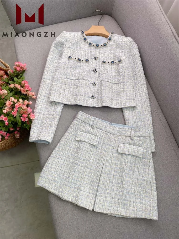 

High Quality Luxury Beaded Diamonds Tweed Sets Women's Cardigans Long Sleeve Jacket Coats Or High Waist Mini Short Skirt Female