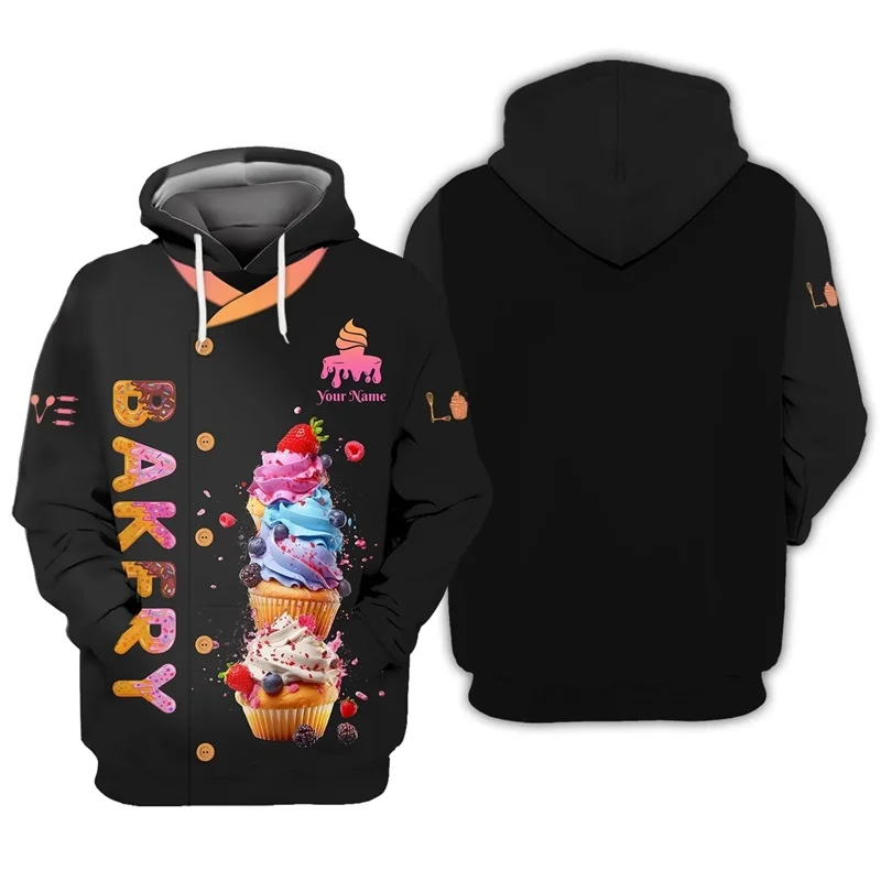 Personality Name Full Print Baker Costum Hoodies For Men Women Spring Autumn Chef Dessert Work Uniform Pullover Sweatshirts