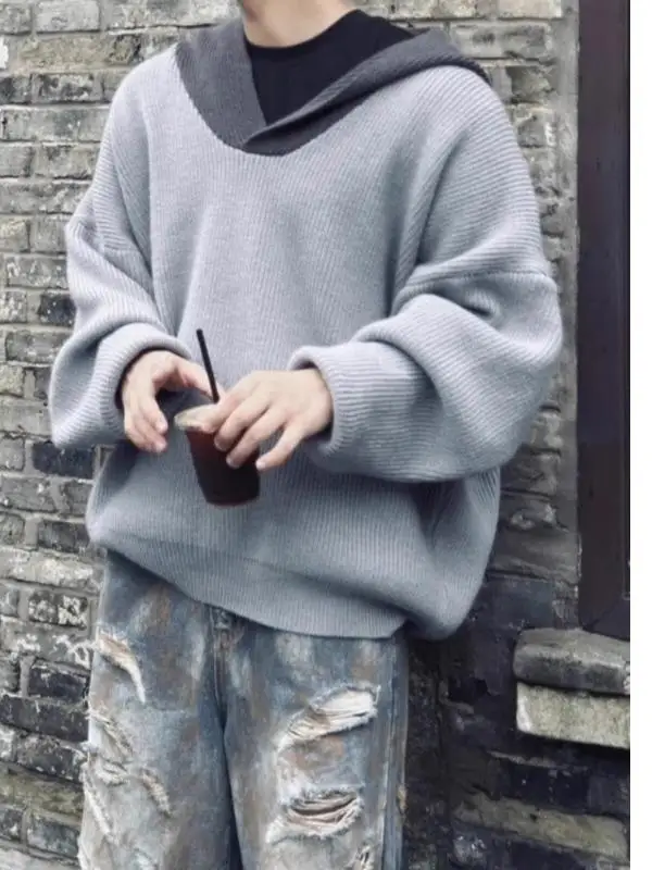 

Мужской зимний утепленный вязаный свитер в американском ретро-стиле с цветными блоками, имитация двухслойности, свободный крой, в корейском стиле, для ленивого образа