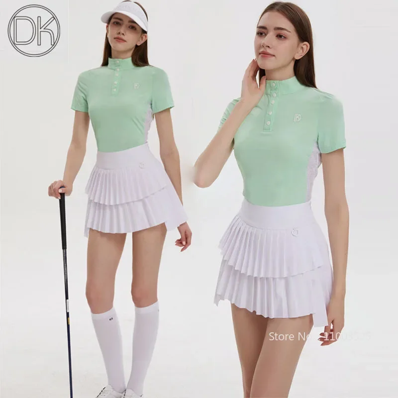 DK Golf Women Summer Clothing Thin Short Sleeved T-shirt Stand Collar Golf Tops High-waist Skirts Tennis Pleats Skirt Suit