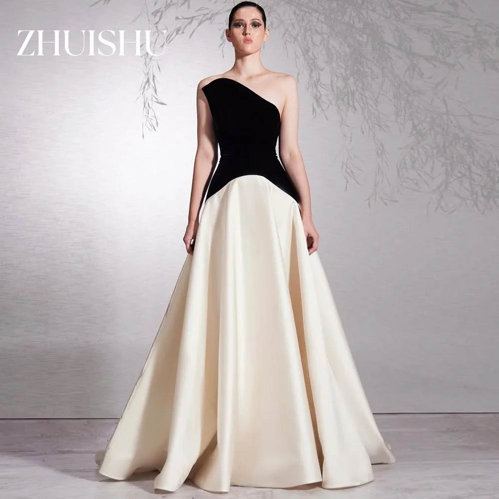 ZHUISHU فستان سهرة أسود وكريمي بدون حمالات في المملكة العربية السعودية دبي فساتين حفلة موسيقية طويلة مخصصة على شكل حرف A بدون أكمام فساتين مناسبات رسمية #1