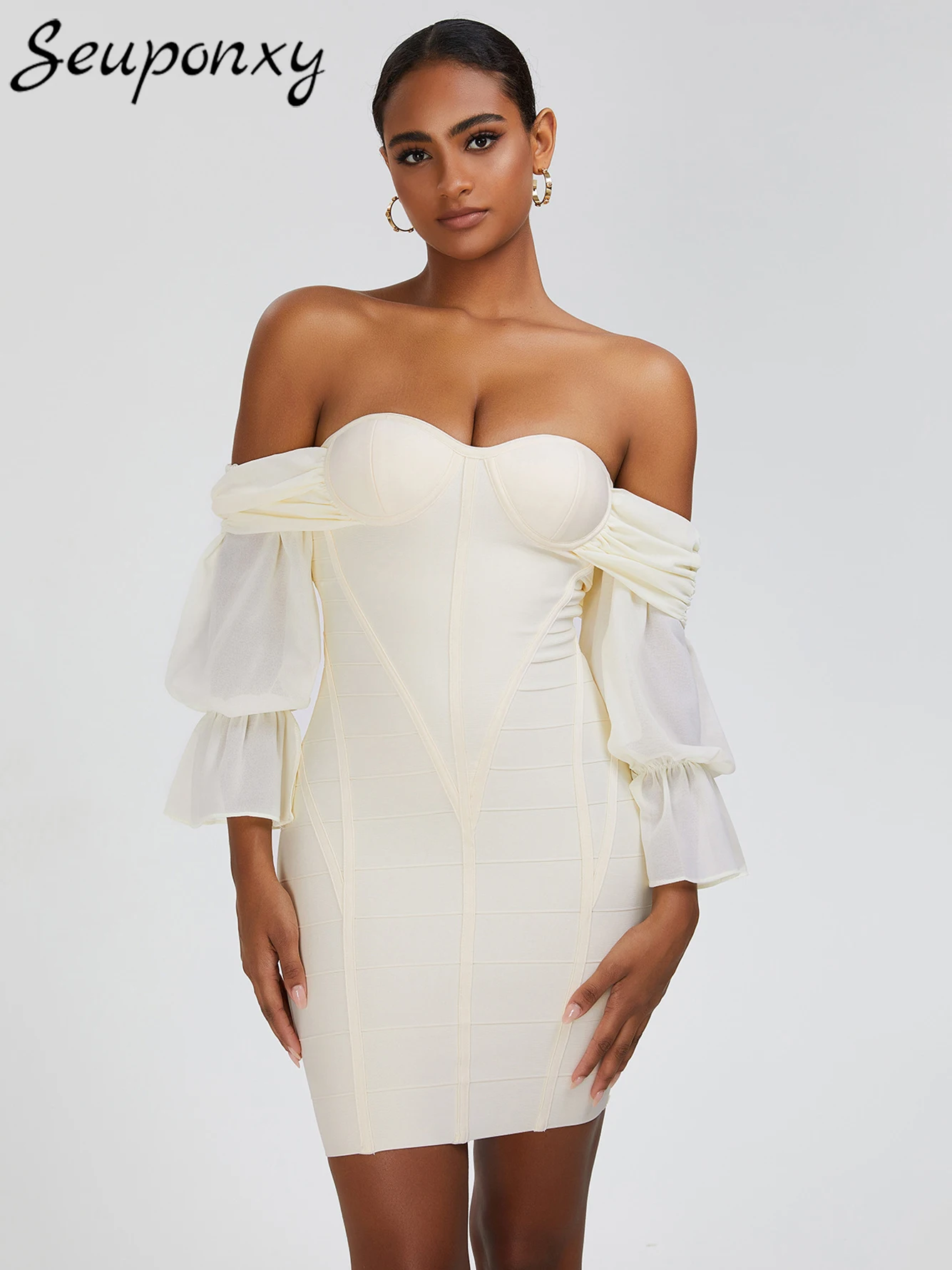 

High Quality Women'S Sexy Off Shoulder Lantern Sleeves Backless Pleated Bandage Mini Dress Elegant Celebrity Party Dress Vestido