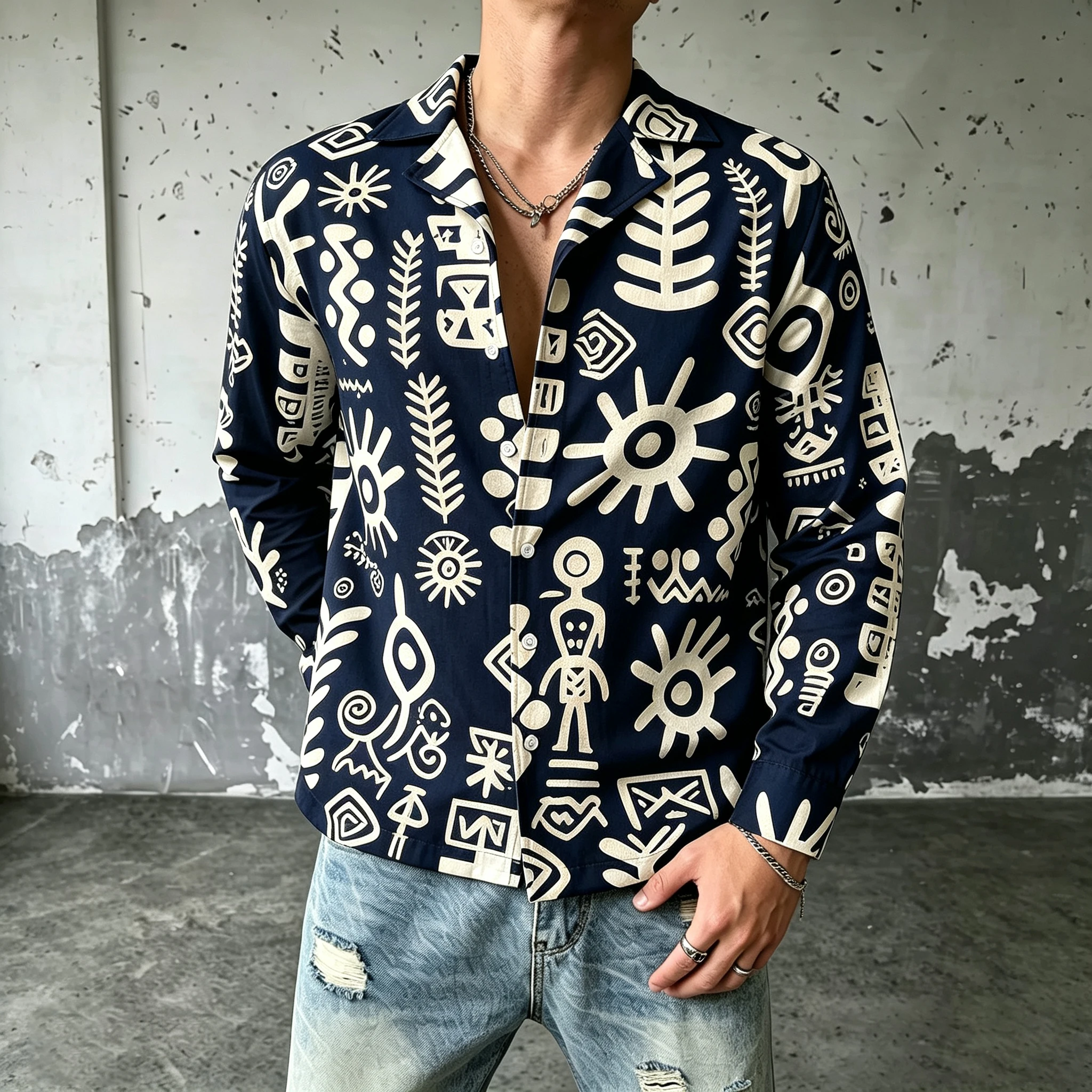 Men's Cuban collar long sleeved shirt with tribal totem geometric print casual shirt