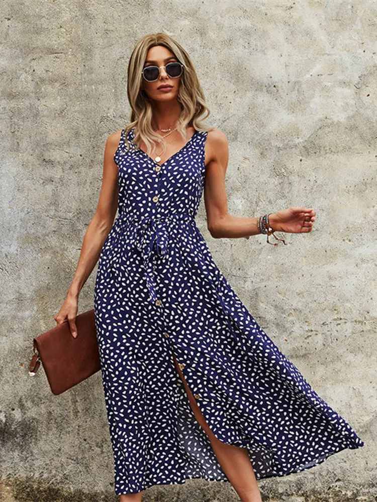 V Neck Print Sleeveless Causal Long Dress Women Fashion Spring Summer Dress with Belt
