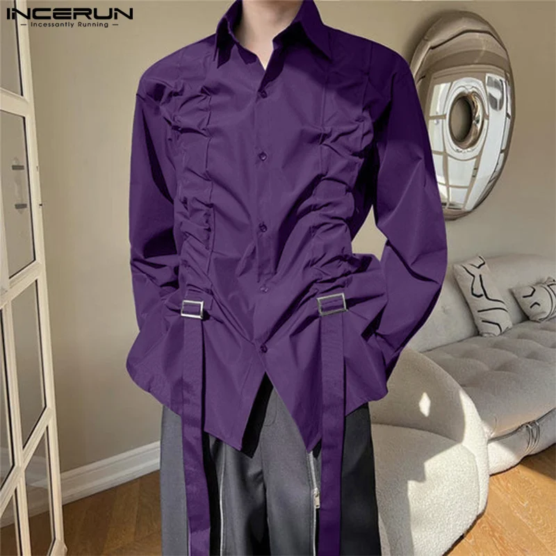 Stylish Casual Style Tops INCERUN Men's Buckle Strap Pleated Design Shirt Male Personality Solid Color Long Sleeved Blouse S-5XL