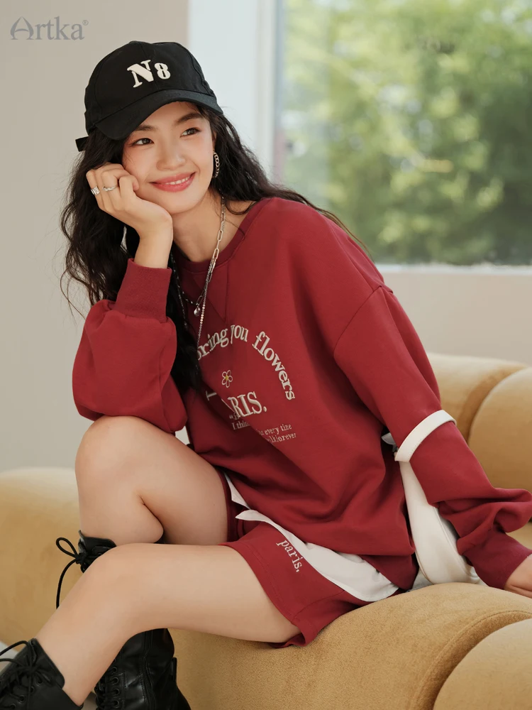 ARTKA 2022 Autumn New Women Suit Fashion Loose Hoodie Two Piece Set Letter Embroidery Sweatshirt High Waist Shorts Set ZA92033Q