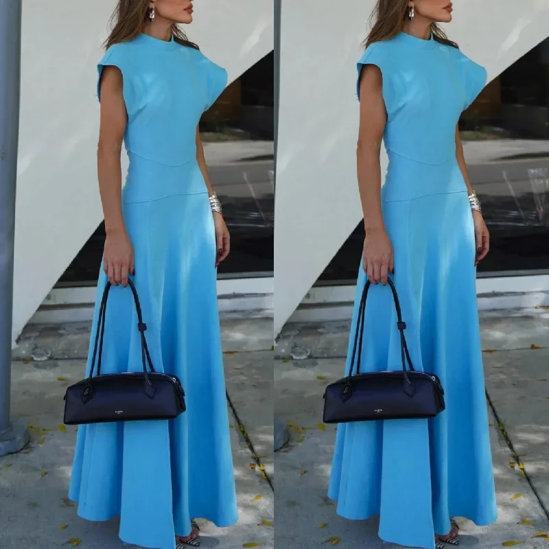 

2024 New Round Neck Slim Fit Slit Blue Fashion Long Dress Evening Dress Female Vestidos De Mujer