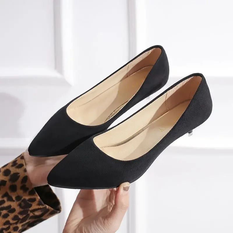 2024  Shallow Mouth Slim Heel Low Heel Shoes with Pointed Black Professional Suede Single Shoes for Women