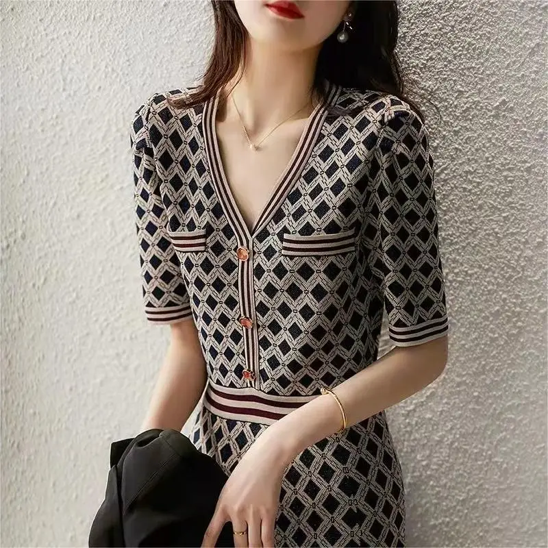 

Women's Color Blocking Grid Knitted Dress Luxury Brand Summer Autumn Knitwear Neck Dress 2024 New Fashion X1476