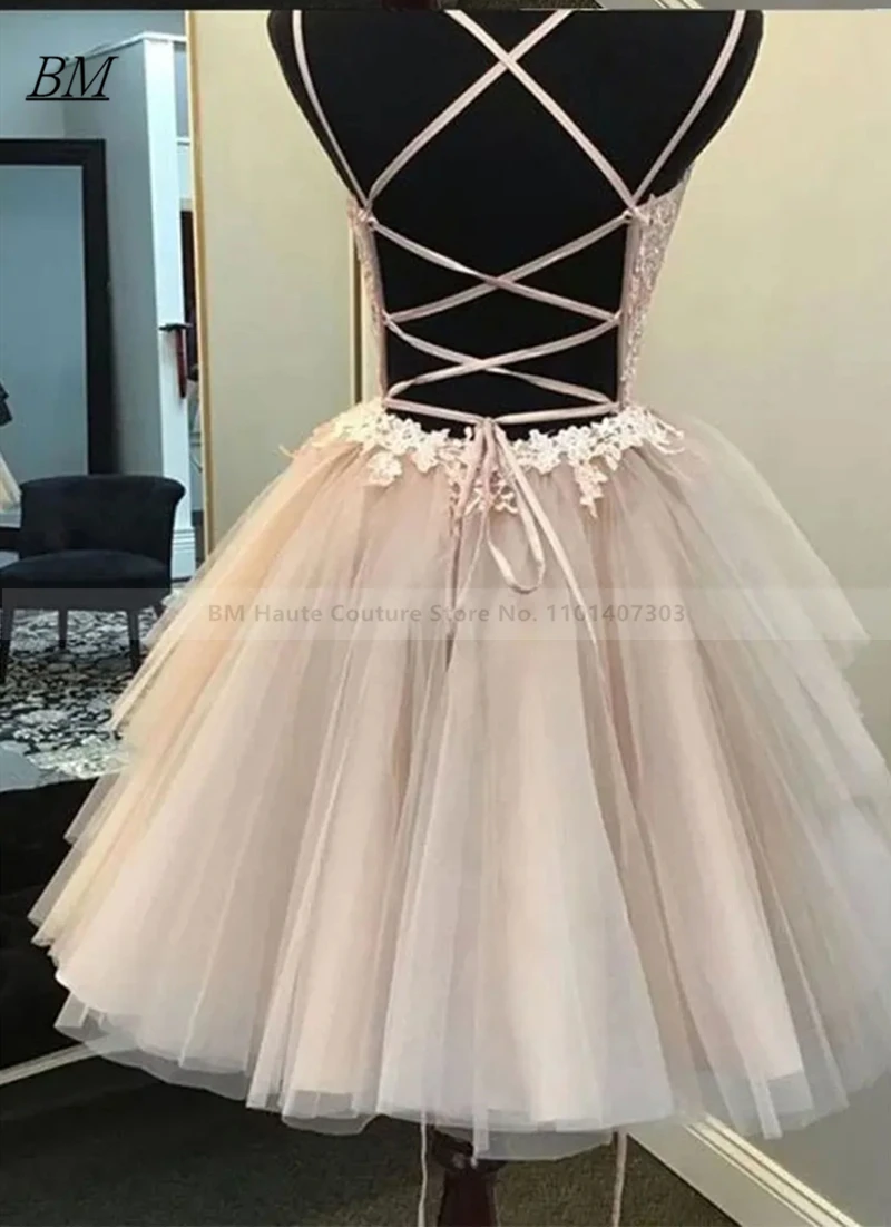 Spaghetti Straps Short Homecoming Dresses  Deep V-Neck Lace Applique Ruffles Tulle Cocktail Prom Party Graduation Gown BM386