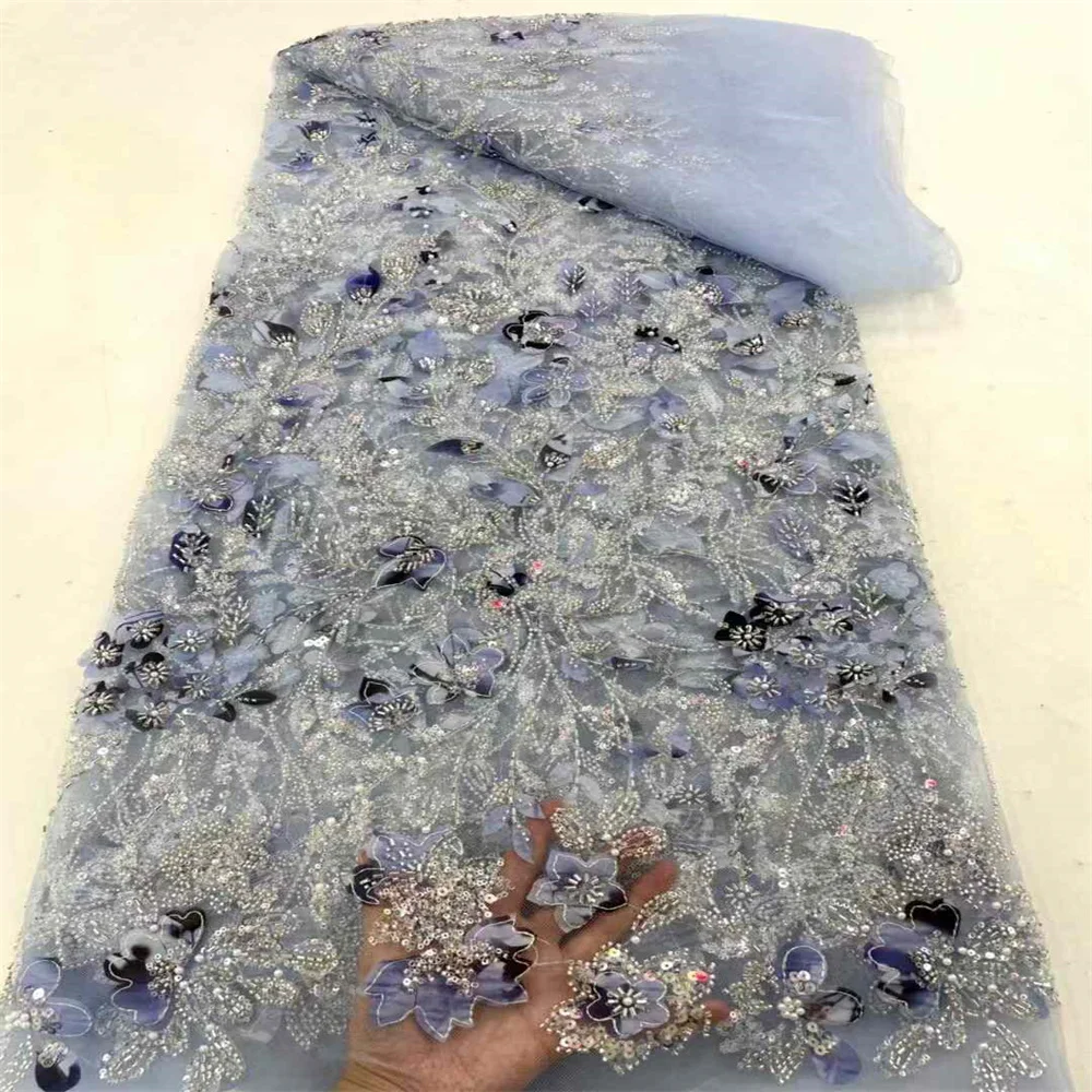 2024 African Nigerian French High Quality Hot Sale 3D Flower Lace Fabric With Beads Sequins Bride Party Wedding Embroiderg Dress