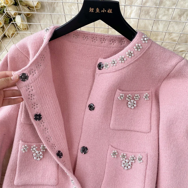 Autumn Women\'s Korean Version Fashion Design Sense Small Fragrance Style 2-Piece Set Elegant Sequin jacket Purple Half Skirt Set