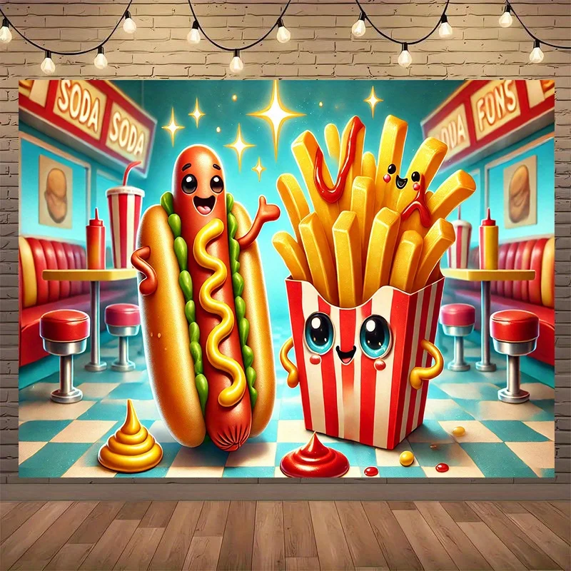 2D-Banner 1-teilig, Happy Hot Dog und Chips, geeignet für Geburtstagsfeiern, Feiertagsfeiern, Partybanner