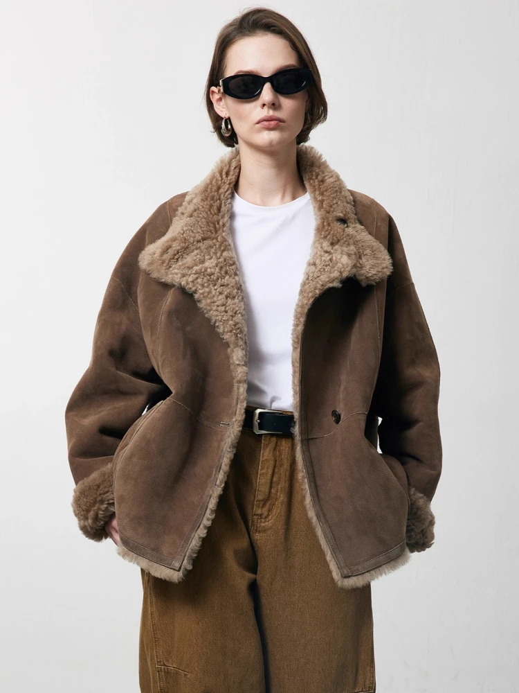 

High-end Luxury Merino Sheep Fur Suede Jackets Women Simple Stand Collar Double-sided Wear Winter Genuine Leather Real Fur Coat