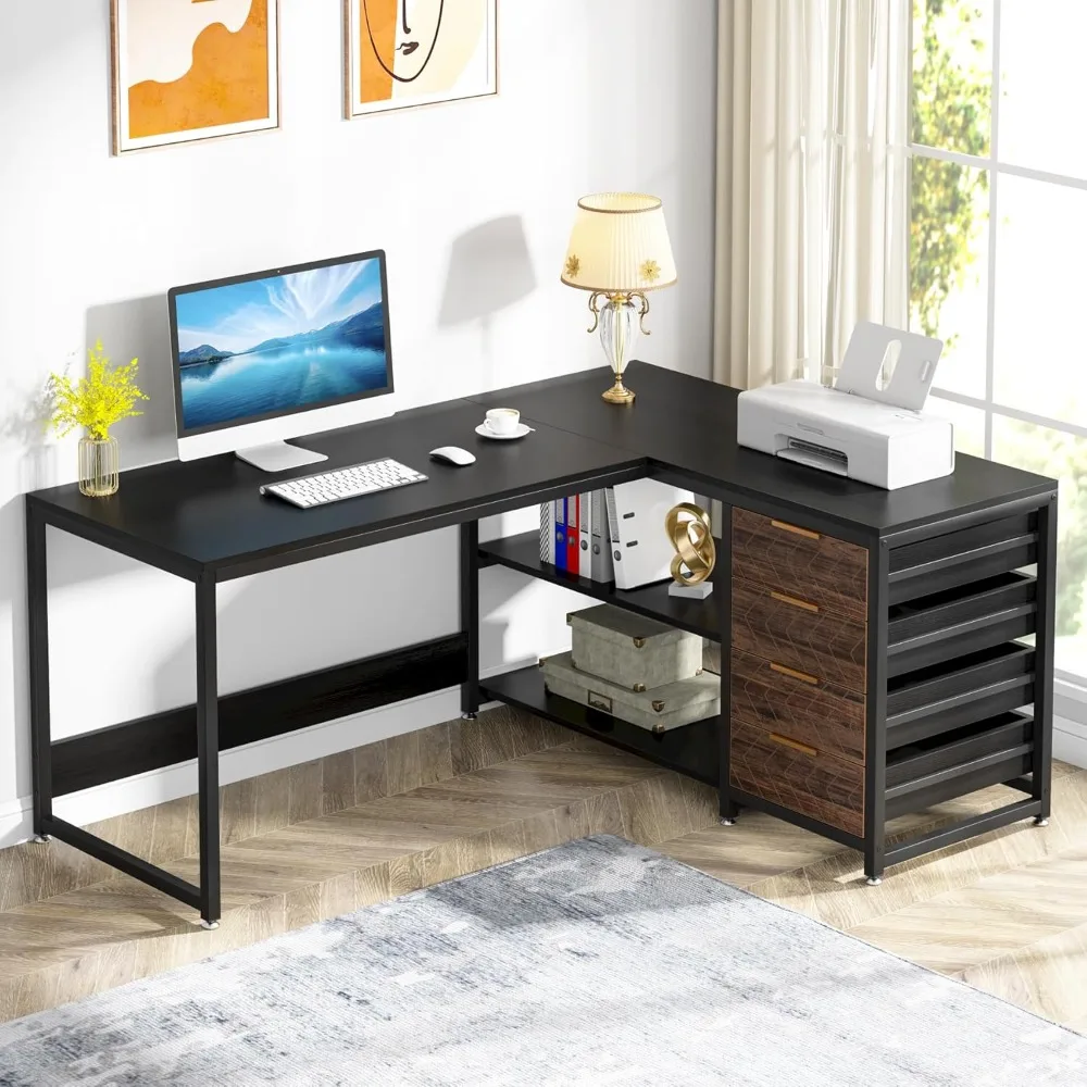 L Shaped Computer Desk with Storage Drawers, 59 inch Corner Desk with Shelves, Reversible L-Shaped Office Desk Study