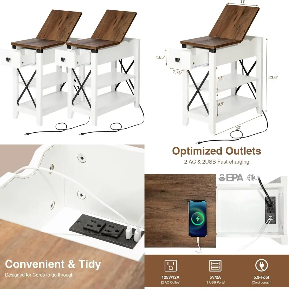 

Farmhouse Style Dual Charging Station Side Tables with USB Ports and Power Outlets