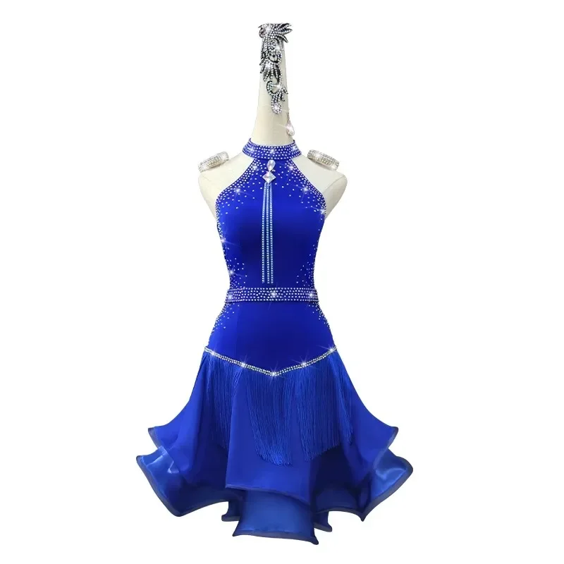 

2024 Blue Latin Dance Latin Skirt Competition Costumes Performing Dress Practice Skirt Customize Adult Kids Lady