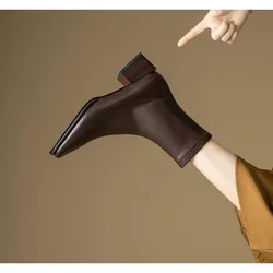 Square Toe Women Ankle Boots Flock Stretch Shoes Thin Mid Heels Black/Brown/Beige Back Zipper Dress Sock Boots Woman