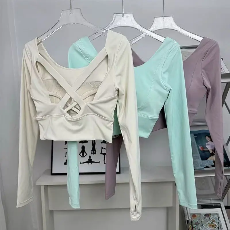 Women's Long Sleeve Yoga Outfit with Crossed Straps Beautiful Back Design And Fixed Chest Pads for Fitness Pilates Exercise