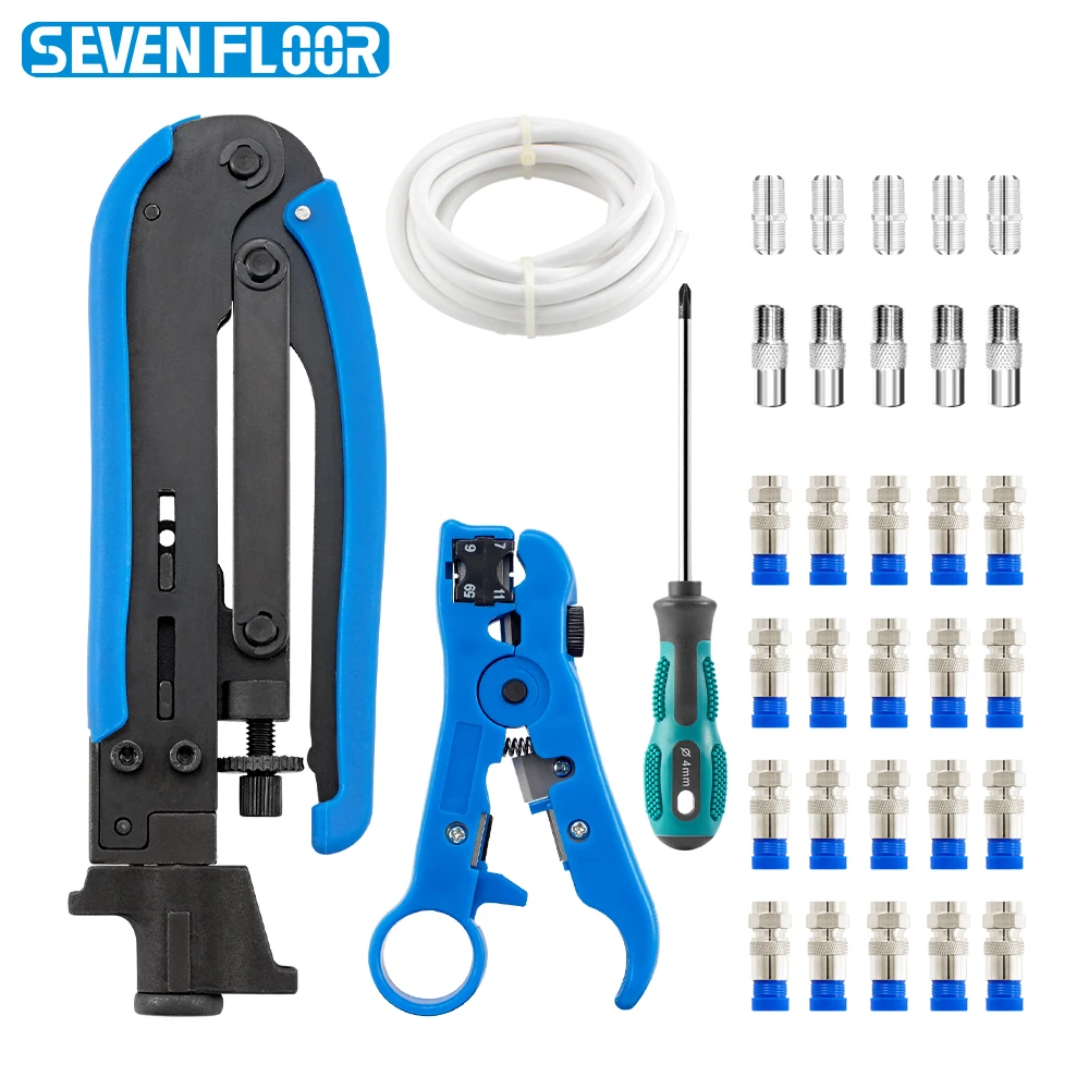 Coax Cable Crimper Kit Coaxial Cable RG6 Compression Tool Kit with 20PCS F RG6 Connectors, Wire Coax Cable Stripper Tool