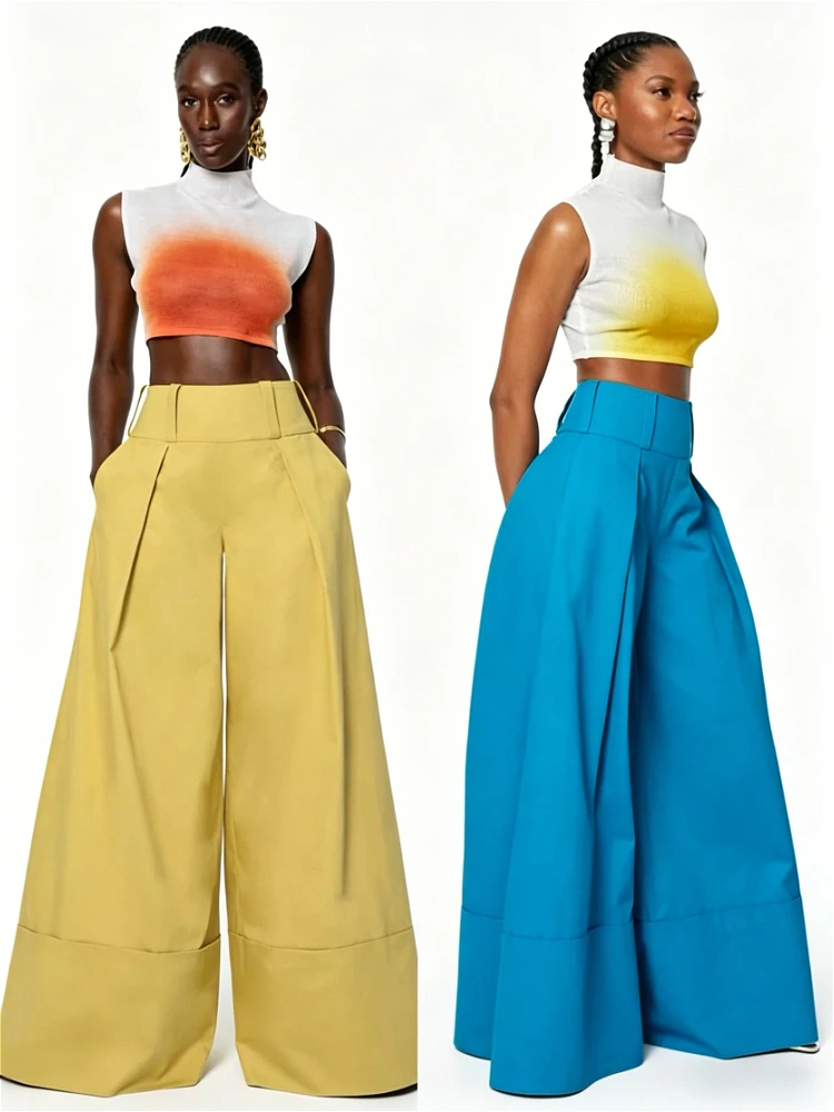

2026 Women Khaki High Waisted Wide Leg Pants Summer Cuffed Hem Pleated Loose Fit Casual Vacation Full Length Trousers