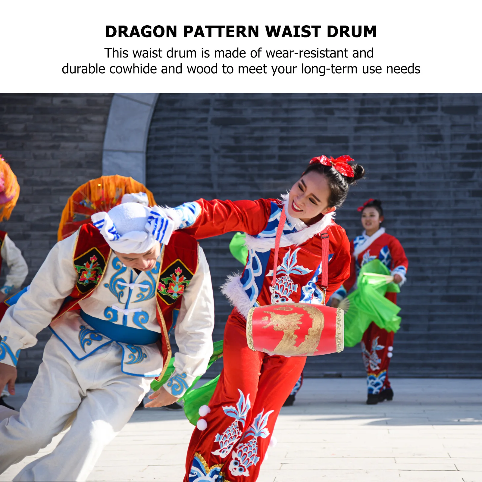 

1Pcs Dragon Pattern Waist Drum Red Cowhide Wood Portable Adjustable Strap for Children Student Performance Traditional Chinese