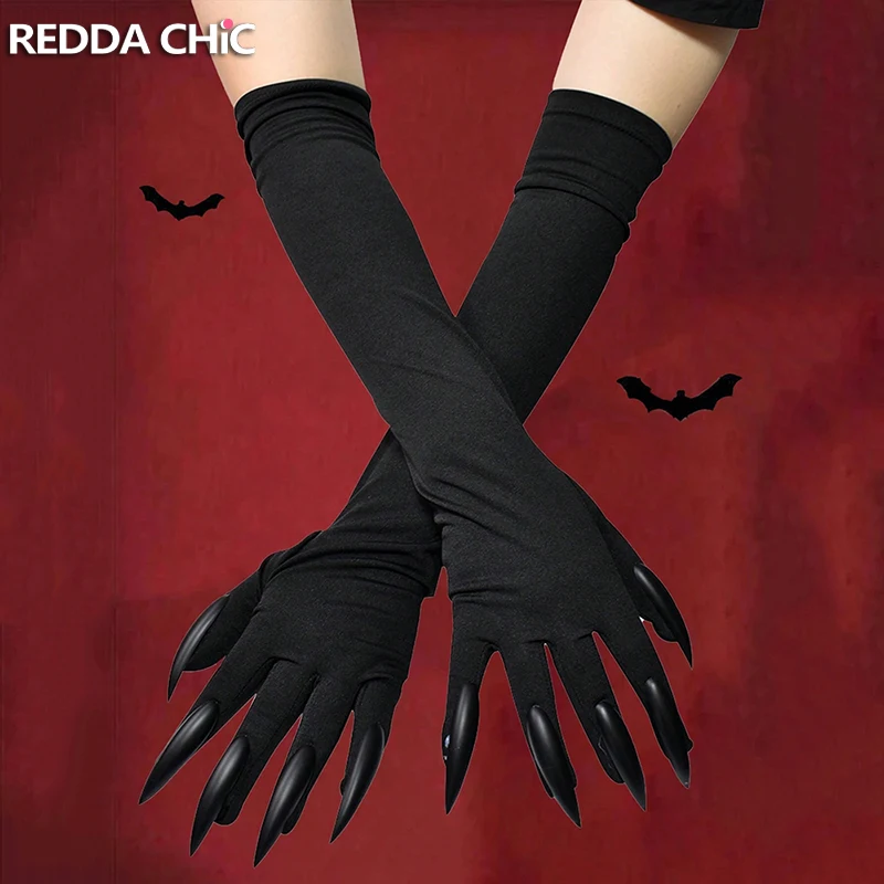 REDDACHiC Halloween Claw Gloves Women Solid Black Arm Sleeves Stretchy Long Nail Full Finger Gloves Witch Devil Cosplay Props