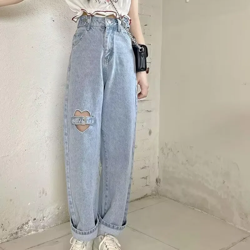 Sweet Heart Hollow Out Jeans Women Y2k Full Length Kawaii Japan Style Spring Fall Straight Denim Vintage High Waist Casual Cute