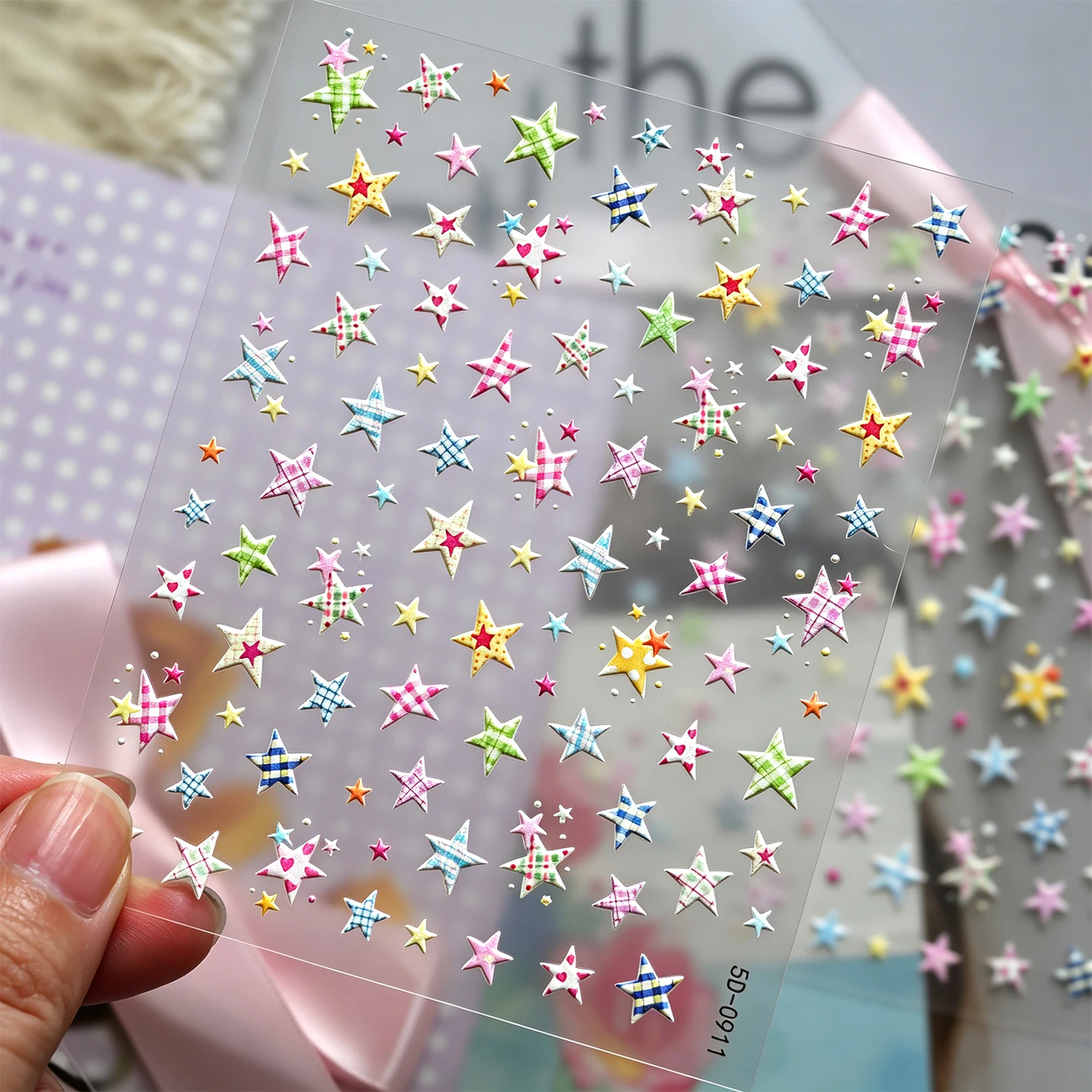 5D Colorful Plaid Star Nail Stickers Y2K Sweet Cute Pentagram Self‑Adhesive Nail Decals Checkered Star Nail Art Sliders Sticker