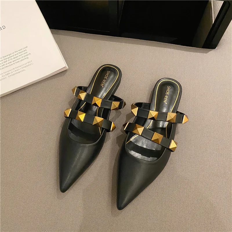 

Women Sandals Flats Rivet Pointed tip Mules Outdoor Casual Pumps Low Heel Shoes Luxury Slip on Half Slippers Loafers