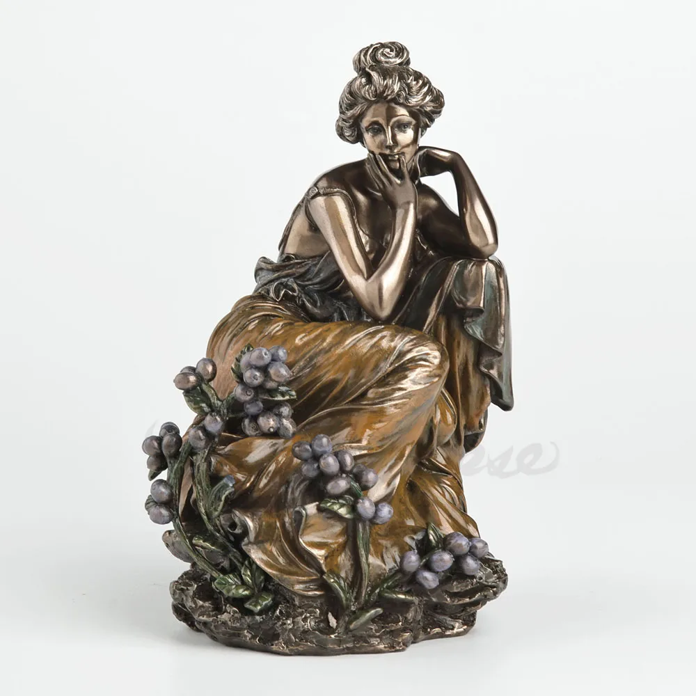 Antique Bronze Crouching Goddess Statue Vintage Thinking Lady Sculpture with Berry Plants Mythology Female Figurine Home Decor