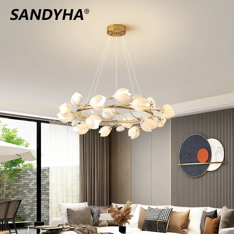 

SANDYHA Elegant Ceramic Flower Ceiling Light Chandelier for Living Room Bedroom Dining Area Modern Decorative Lighting 2024