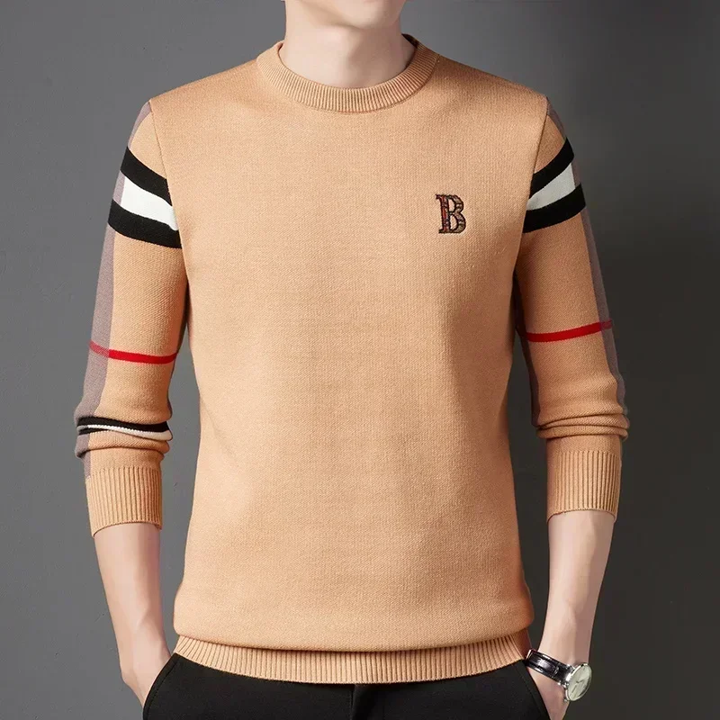 

2025 New Men's Sweater Knitted Pullover Autumn/Winter Soft Warm Striped Checker Round Neck Sweater Casual Fashion Men Clothing