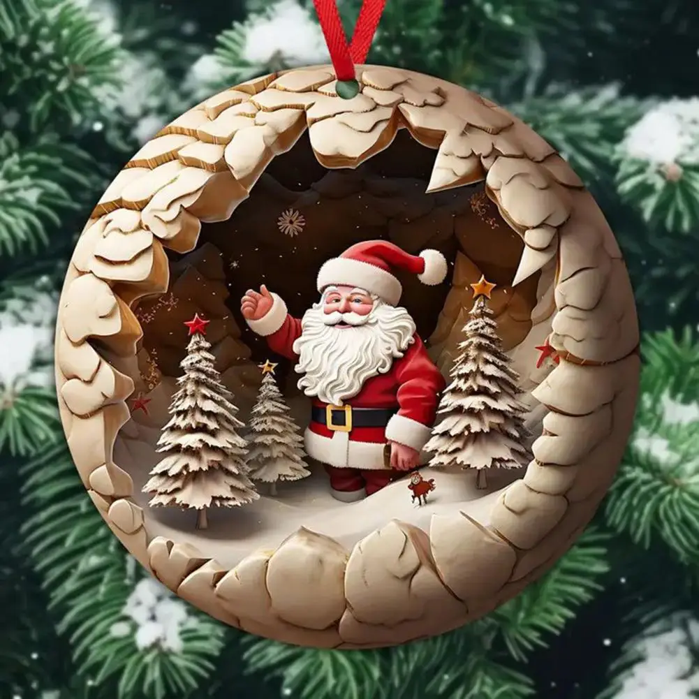 Christmas Hanging Ornament Xmas Tree Santa Pendant 2D Flat Acrylic Tree Decoration for Shopping Mall Office Hotel Bar Decor