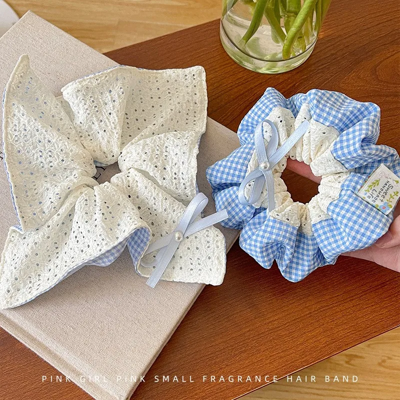 

2026 New Vintage Blue Plaid Bow Scrunchies Large Volume Hair Ties for Women Low Bun Ponytail Holder Soft Elastic