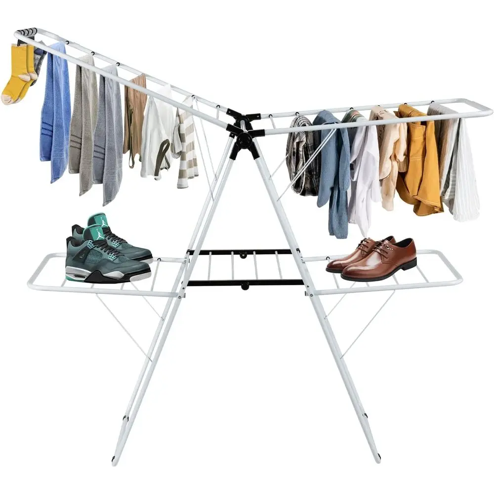 

Clothes Drying Rack, oldable 2 Tier Clothing Rack with Height-Adjustable Wings, 33 Drying Rails & Sock Clips, Portable Space