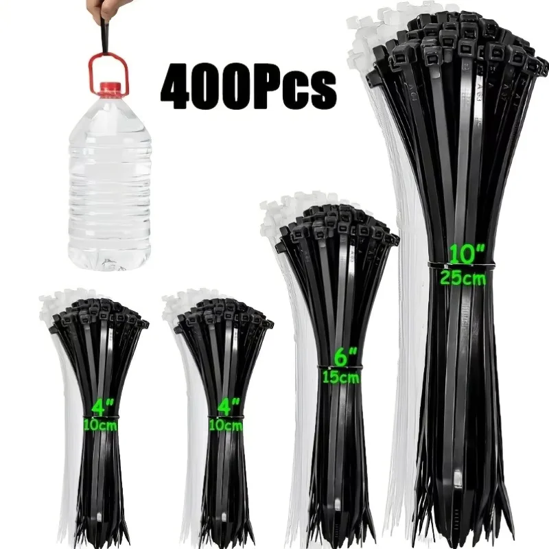 400Pcs Multi-Size Cable Ties Set, Heavy Duty Nylon Zip Ties, Black & White Self-Locking Wire Ties for Home Office Cable