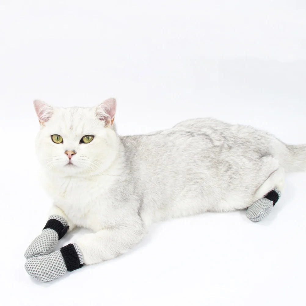 

4 Pcs Cat Shoes Bathing Mesh Cats Feet Protective Cover Boots Nail Covers Grey Claw
